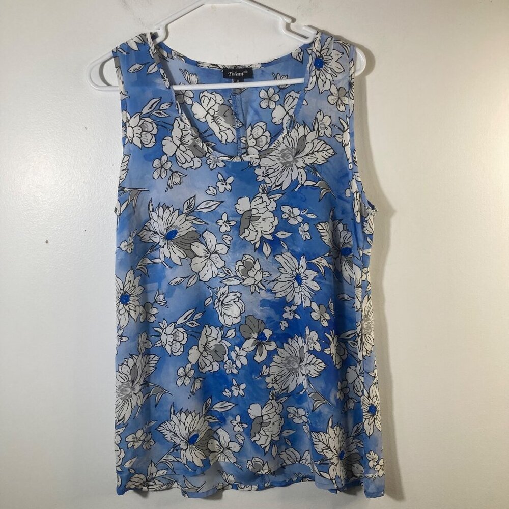 Womens Tolani Midnight Silk Blouse Floral Blue White S